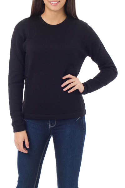100% alpaca sweater, 'Ebony Charm' - Black Alpaca Wool Pullover Sweater