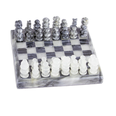 Mini onyx and marble chess set, 'Grey and Ivory Challenge' - Mini Onyx and Marble Chess Set in Grey and Ivory
