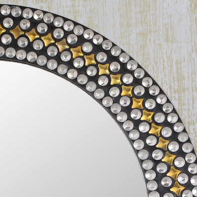 Round wall mirror, 'Modern Flair' - Handcrafted Studded Round Wall Mirror with Metal Accents