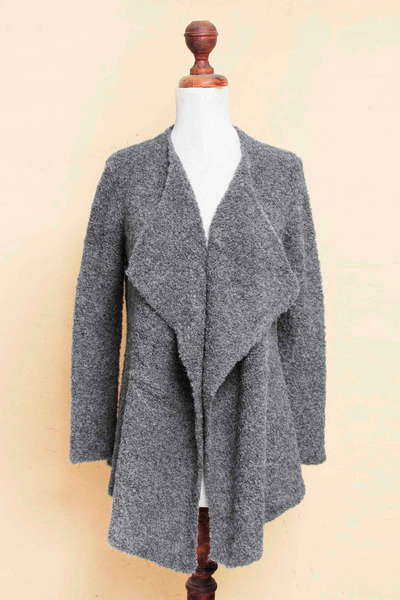 Alpaca cardigan, 'Charcoal Boucle' - Andean Dark Grey Alpaca Blend Open Front Cardigan