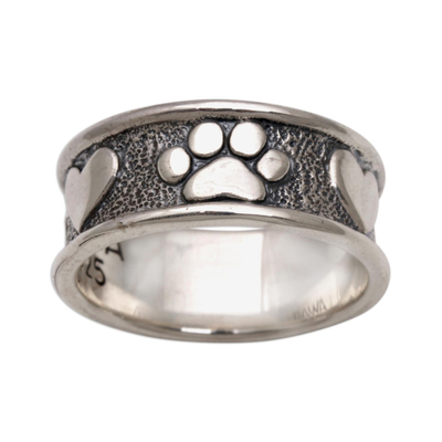 Sterling silver band ring, 'Loving Paws' - Sterling Silver Paw Heart Band Ring from Bali