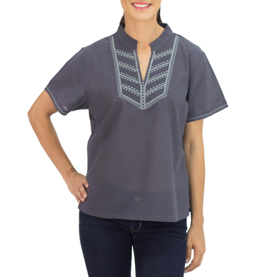 Cotton blouse, 'Thai Journey' - Women's Embroidered Grey Cotton Pullover Blouse