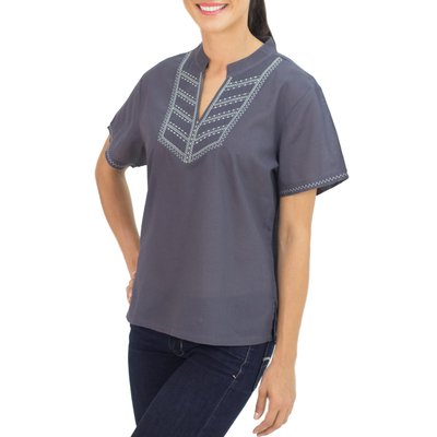 Cotton blouse, 'Thai Journey' - Women's Embroidered Grey Cotton Pullover Blouse
