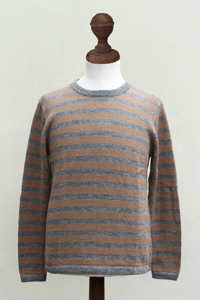 Men's 100% alpaca sweater, 'Horizons' - Men's Gray and Tan Alpaca Wool Sweater