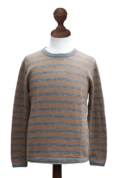 Men's 100% alpaca sweater, 'Horizons' - Men's Gray and Tan Alpaca Wool Sweater