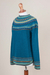 100% alpaca sweater, 'Playful Teal' - Teal & Blue 100% Alpaca Pullover Patterned Peruvian Sweater (image 2c) thumbail
