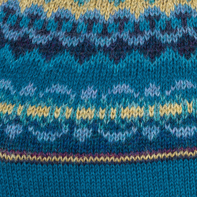 100% alpaca sweater, 'Playful Teal' - Teal & Blue 100% Alpaca Pullover Patterned Peruvian Sweater