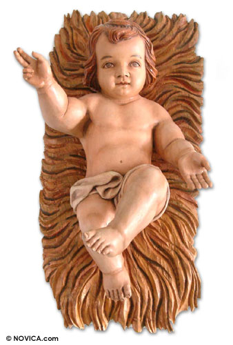 Cedar sculpture, 'Jesus in the Manger' - Cedar sculpture