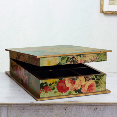 Decoupage jewelry box, 'Butterfly Garden' - Romantic Decoupage Jewelry Box with Mirror