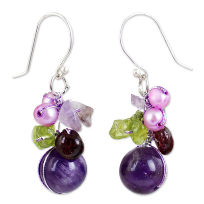 Garnet and amethyst cluster earrings, 'Bright Bouquet' - Handcrafted Amethyst and Pearl Dangle Earrings
