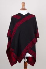 Alpaca blend ruana, 'Rose Attraction' - Black and Red Reversible Alpaca Blend Ruana from Peru