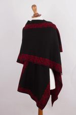 Alpaca blend ruana, 'Rose Attraction' - Black and Red Reversible Alpaca Blend Ruana from Peru