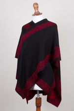 Alpaca blend ruana, 'Rose Attraction' - Black and Red Reversible Alpaca Blend Ruana from Peru
