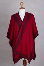 Alpaca blend ruana, 'Rose Attraction' - Black and Red Reversible Alpaca Blend Ruana from Peru