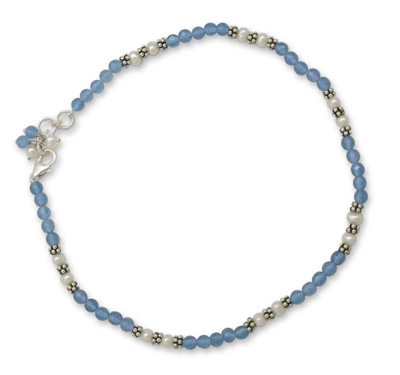Chalcedony and cultured pearl anklet, 'View of the Sky' (11 inch) - Chalcedony and Cultured Pearl Anklet (11 inch)