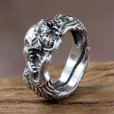 Men's sterling silver ring, 'Fierce Dragon' - Sterling Silver Skull and Dragon Ring from Bali