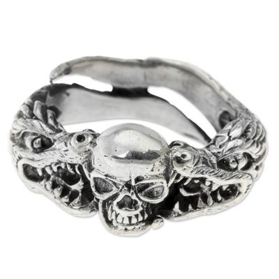 Men's sterling silver ring, 'Fierce Dragon' - Sterling Silver Skull and Dragon Ring from Bali