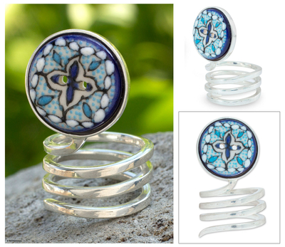 Sterling silver and ceramic wrap ring, 'Light of Peace' - Sterling silver and ceramic wrap ring