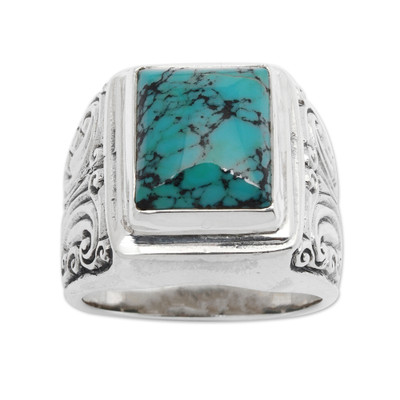 Sterling silver ring, 'Sky Crown' - Unisex Sterling Silver and Reconstituted Turquoise Ring