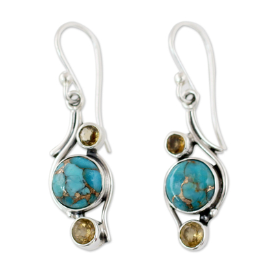 Citrine dangle earrings, 'Golden Sky' - .925 Silver Earrings with Citrine and Composite Turquoise