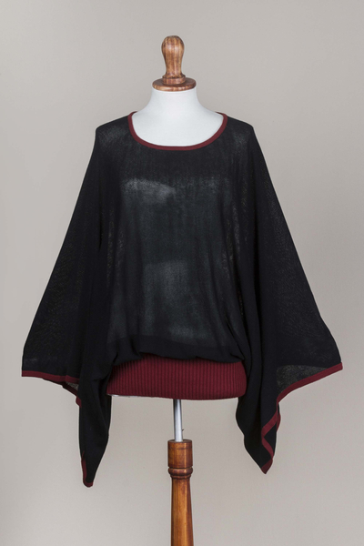 Suéter, 'Black Burgundy Dance' - Suéter bohemio de punto peruano en negro y burdeos