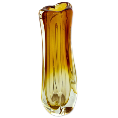 Hand blown art glass vase, 'Golden Ombre' - Amber Ombre Hand Blown Art Glass Vase from Brazil