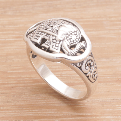 Sterling silver cocktail ring, 'Ceremonial Elephant' - Handcrafted Sterling Silver Elephant Cocktail Ring from Bali