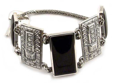 Obsidian wristband bracelet, 'Chavin Heritage' - 7.5 inch - Obsidian Link Bracelet 7.5 Inch