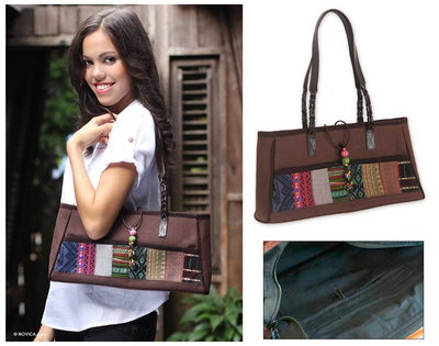 Leather and cotton handbag, 'Chocolate Brown' - Leather and cotton handbag