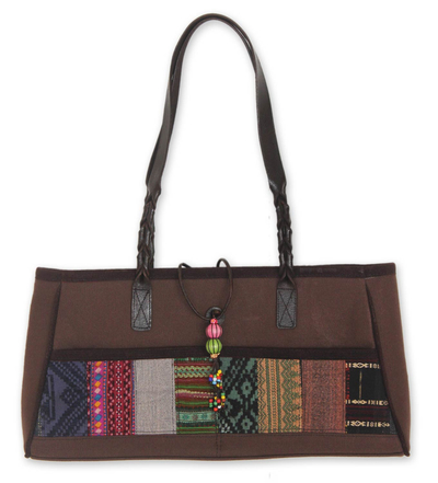 Leather and cotton handbag, 'Chocolate Brown' - Leather and cotton handbag