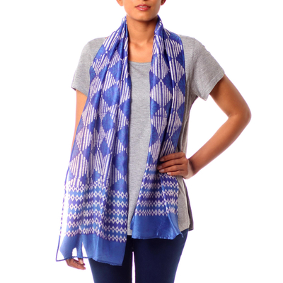 Cotton and silk blend batik scarf, 'Mesmerizing Diamonds' - Women's Blue and White Batik Print Scarf in Cotton/Silk