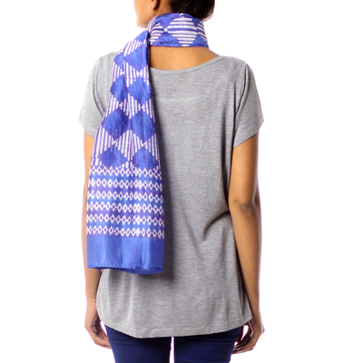 Cotton and silk blend batik scarf, 'Mesmerizing Diamonds' - Women's Blue and White Batik Print Scarf in Cotton/Silk
