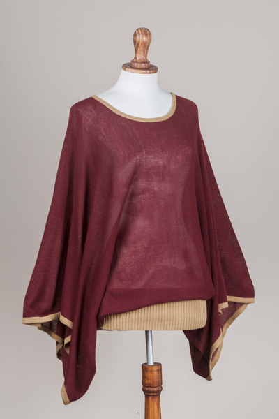 Sweater, 'Piura Dance' - Peruvian Knit Bohemian Drape Sweater in Maroon and Camel