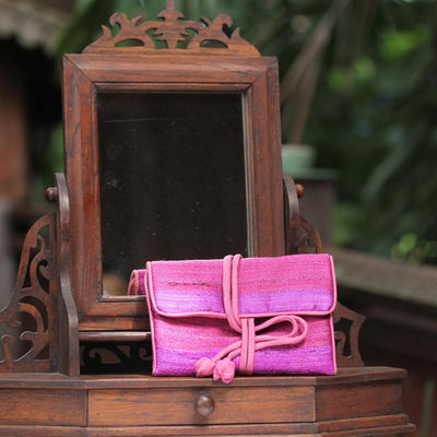 Silk blend jewelry roll, 'Happy Travels in Purple' - Handwoven Purple and Pink Jewelry Roll from Thailand