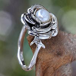Hand Crafted Sterling Silver and Pearl Flower Ring, 'White Rose'