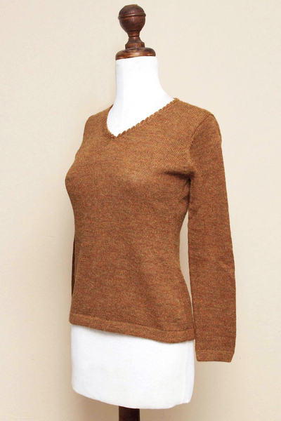 100% alpaca sweater, 'Brick Melange' - Women's Solid Brick V-Neck Alpaca Sweater
