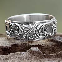 Anillo de banda de plata esterlina - Anillo de plata de ley con forma de hoja y árbol