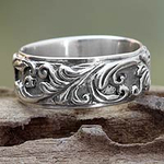 Leaf and Tree Sterling Silver Band Ring, 'Flourishing Foliage'