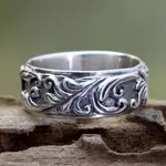 Sterling silver band ring, 'Flourishing Foliage' - Leaf and Tree Sterling Silver Band Ring