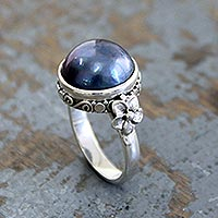 Cultured pearl flower ring, 'Blue Moon' - Floral Sterling Silver and Pearl Cocktail Ring