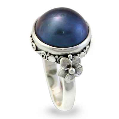 Cultured pearl flower ring, 'Blue Moon' - Floral Sterling Silver and Pearl Cocktail Ring