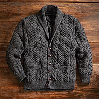 Men's wool cardigan sweater, 'Aran Legacy' - Irish Aran Shawl-collar Cardigan