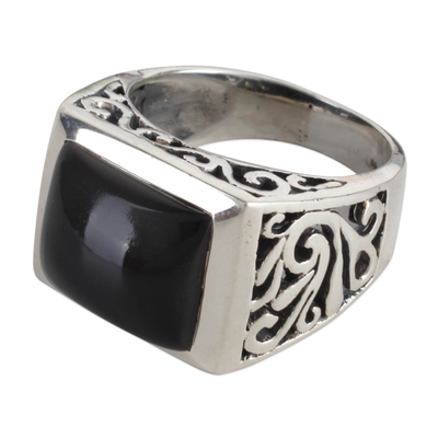 Onyx single stone ring, 'Disguise' - Sterling Silver Black Onyx Ring with Nature Motif