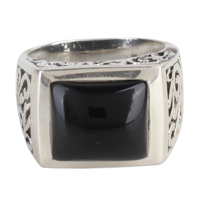 Onyx single stone ring, 'Disguise' - Sterling Silver Black Onyx Ring with Nature Motif