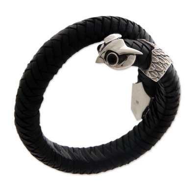 Men's onyx and leather bracelet, 'Owl Power' - Men's Sterling Silver and Leather Wrap Bracelet