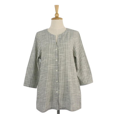 Cotton blouse, 'Cozy In Graphite' - Handmade Graphite Striped Cotton 3/4 Sleeved Button Blouse
