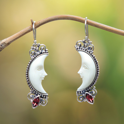 Garnet dangle earrings, 'Natural Moonlight' - Garnet and Silver Crescent Moon Dangle Earrings from Bali