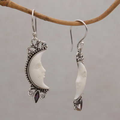 Garnet dangle earrings, 'Natural Moonlight' - Garnet and Silver Crescent Moon Dangle Earrings from Bali