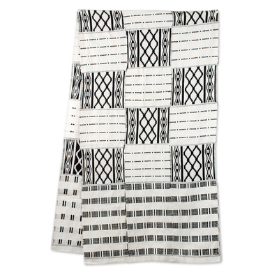 Cotton blend kente scarf, 'Akan Blessings' (18 inch) - Authentic 18-in Width Black and White Kente Cloth Scarf