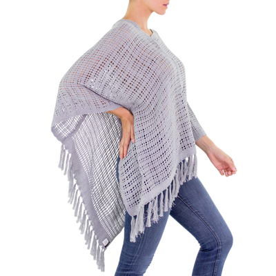 Cotton poncho, 'Grey Lattice' - Natural and Upcycled Cotton Grey Poncho Woven By Hand
